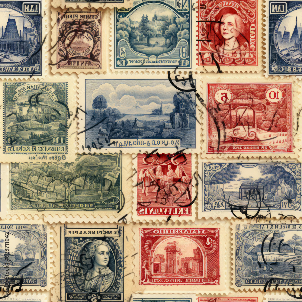 Fototapeta premium Seamless Texture Collection of Diverse Postage Stamps Created Using Artificial Intelligence