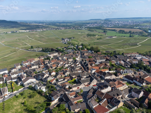 Panoramic aerial view on green premier cru champagne vineyards near village Hautvillers  and Marne river valley  Champange  France