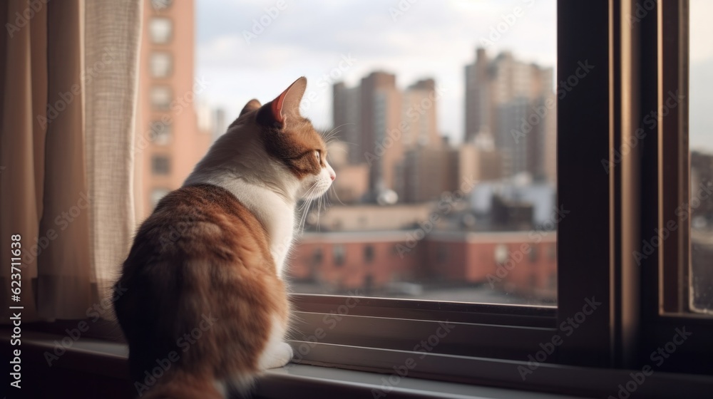 A cat sitting on a window sill looking out the window.