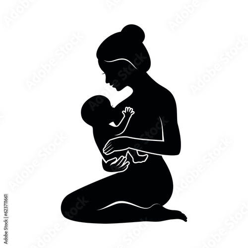 Woman breastfeeding newborn baby black silhouette icon vector. Nursing woman with baby graphic design element isolated on a white background. Kneeling mother holding her little child symbol vector