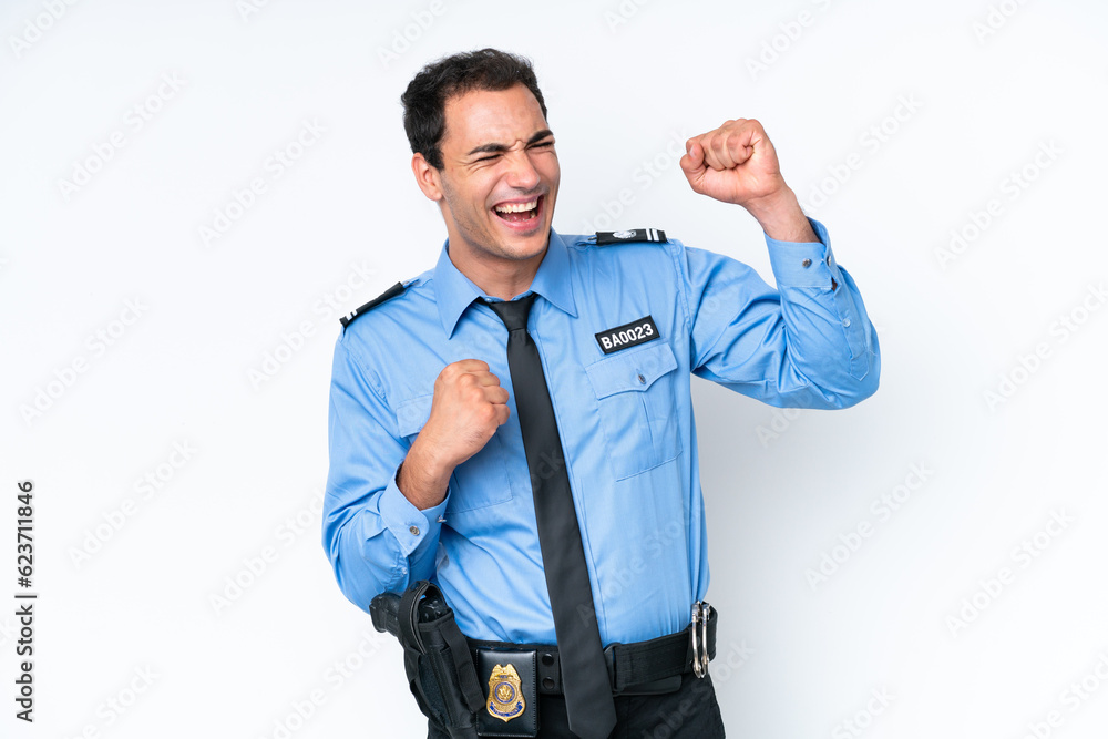 Young police caucasian man isolated on white background celebrating a victory Young police caucasian man isolated on white background celebrating a victory