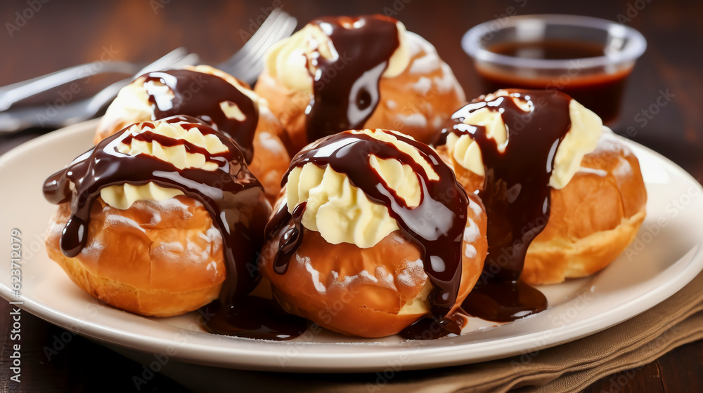 Profiteroles Kleine Windbeutel gefüllt mit Sahne oder Eis, serviert mit ...