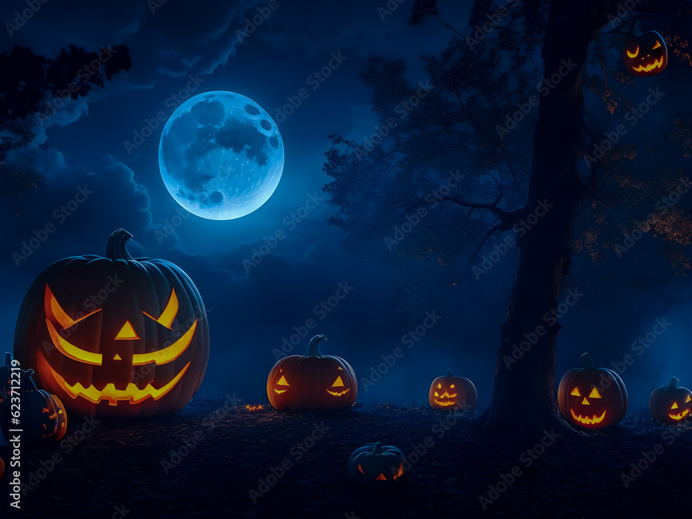 Halloween pumpkins in haunted forest at night, blurred background. full moon and bats. generative ai