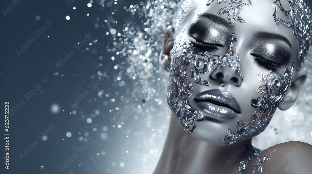 Silver Closeup of Glitter Glamorous makeup on a model. Generative AI.