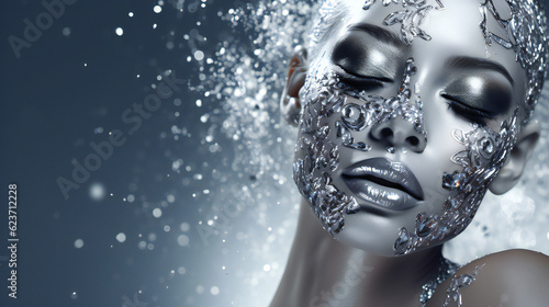 Silver Closeup of Glitter Glamorous makeup on a model. Generative AI. © s1llu