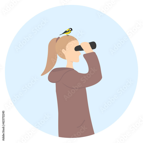 Birdwatcher girl with binoculars and bird. Woman ornithologist looking for Great tit. Naturalist birdwatching. Tourist, outdoor activity, tourism, ornithology, birding. Vector illustration.