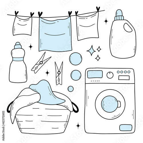 Set of laundry items in doodle style. Linear collection of laundry items. Vector illustration. Isolated elements on a white background.