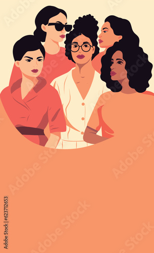 Vector flat vertical banner for International Women's Day, strong women of different cultures and nationalities stand together. Vector concept of movement for gender equality and women empowerment