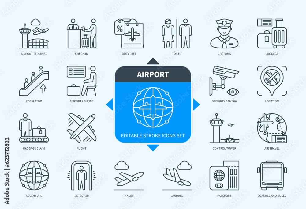 Editable line Airport outline icon set. Flight, Takeoff, Landing, Customs, Check-in, Travel, Luggage, Security Camera. Editable stroke icons EPS