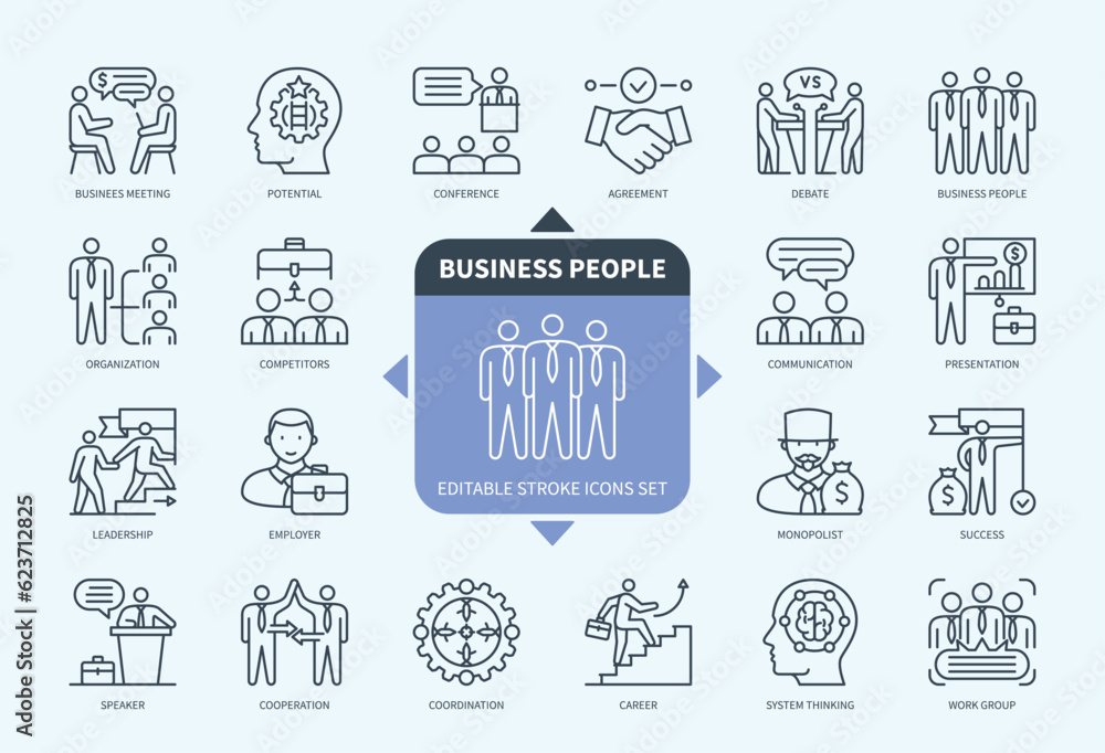 Editable line Business People outline icon set. Career, Business Meeting, Agreement, Competitors, Employer, Speaker, Work Group, Conference. Editable stroke icons EPS