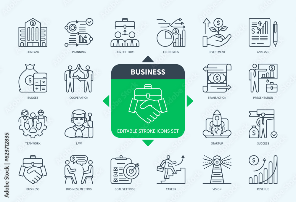Editable line Business outline icon set. Investment, Business Meeting, Revenue, Competitors, Vision, Time Management, Law, Planning. Editable stroke icons EPS