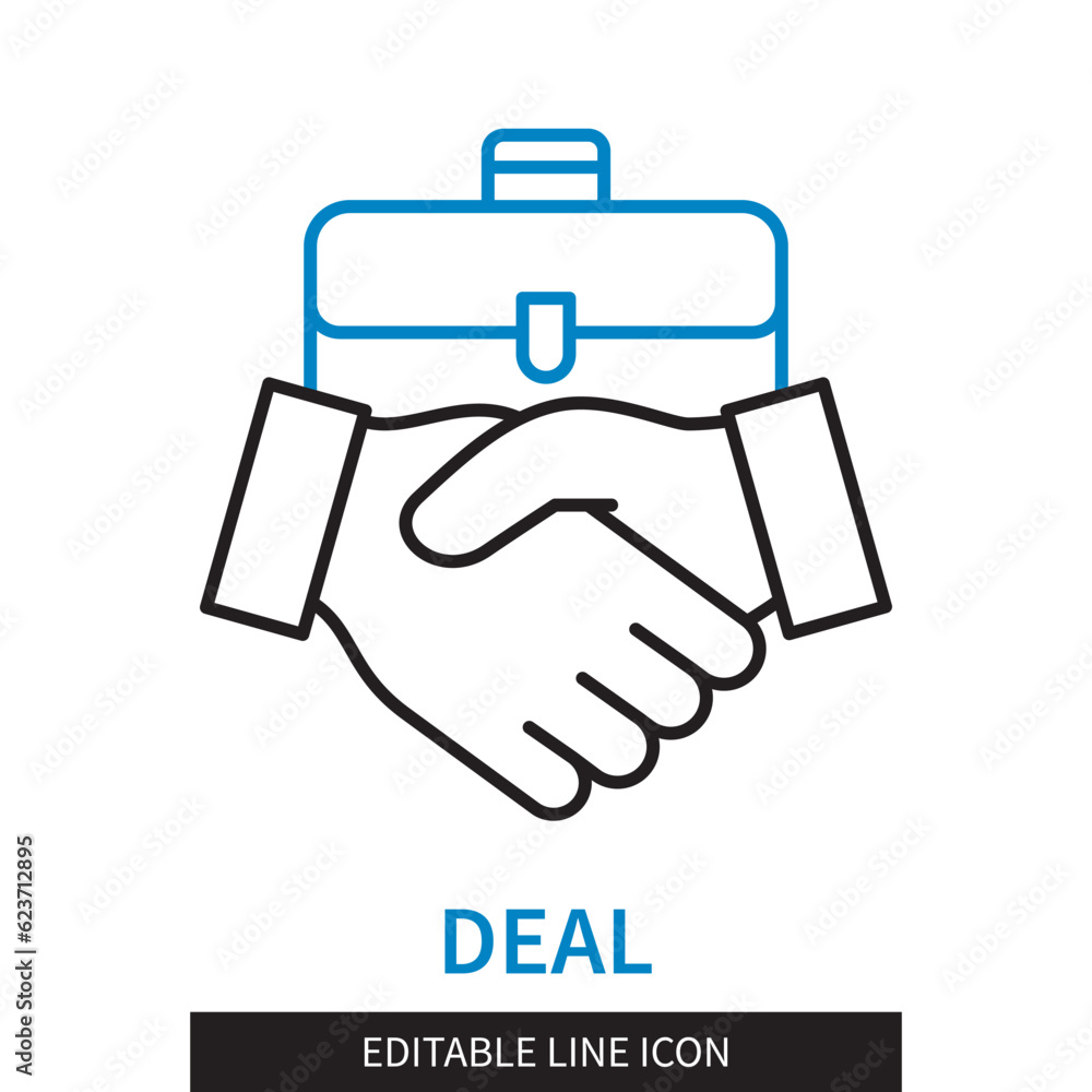Editable line Deal outline icon. Handshake on the background of the briefcase, The conclusion of a profitable deal. Editable stroke icon isolated on white background Editable line Deal outline icon. Handshake on the background of the briefcase, The conclusion of a profitable deal. Editable stroke icon isolated on white background