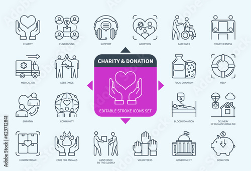 Editable line Charity and Donation outline icon set. Community, Medical Aid, Society, Adoption, Help, Support, Togetherness, Volunteer. Editable stroke icons EPS