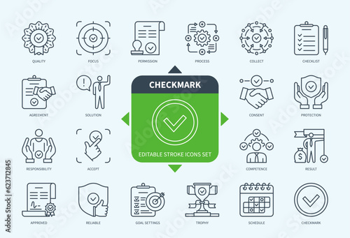 Editable line Checkmark outline icon set. Goal Settings, Process, Agreement, Accept, Approved, Result, Responsibility, Solution. Editable stroke icons EPS