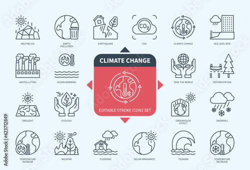 Editable line Climate Change outline icon set. Air Pollution, Deforestation, Flooding, Earthquake, Wildfire, Drought, Solar Irradiance, Save the World. Editable stroke icons EPS