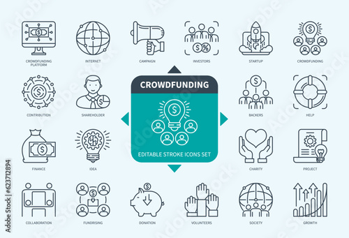 Editable line Crowdfunding outline icon set. Charity, Volunteers, Internet, Project, Investors, Startup, Growth, Collaboration. Editable stroke icons EPS