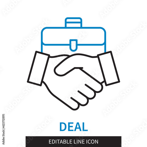 Editable line Deal outline icon. Handshake on the background of the briefcase, The conclusion of a profitable deal. Editable stroke icon isolated on white background