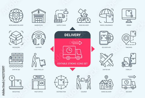 Editable line Delivery outline icon set. Food Delivery, Weighting, Supply Chain, Support, Insurance, Order, Forklift, Worldwide Delivery. Editable stroke icons EPS