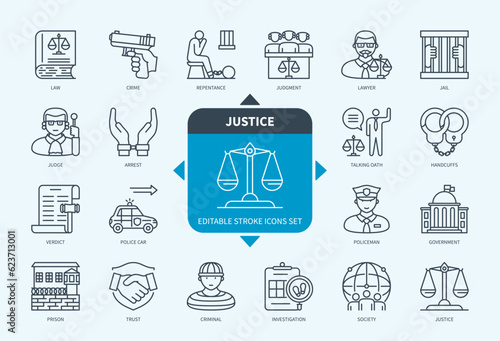 Editable line Justice outline icon set. Lawyer, Verdict, Arrest, Judge, Prison, Investigation, Handcuffs, Repentance. Editable stroke icons EPS