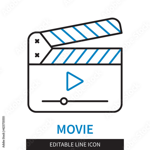 Editable line Movie outline icon. Clapperboard symbol. Editable stroke icon isolated on white background