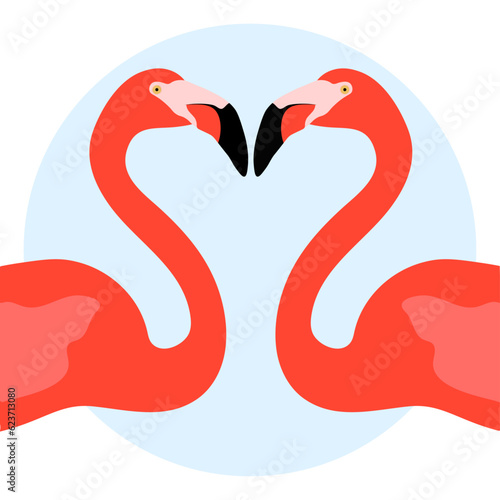 Couple American Caribbean flamingo characters. Phoenicopterus ruber isolated on white background. Bird in love who stood up in the shape of a heart. Valentine's Day. Vector illustration.