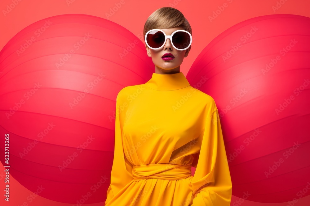 Playful Posing in Trendy Outfit, Girl in Pink, Outdoors with Beach Ball, Photorealistic Pastiche on Yellow Matte, Fashionable Costumes, Generative AI Playful Posing in Trendy Outfit, Girl in Pink, Outdoors with Beach Ball, Photorealistic Pastiche on Yellow Matte, Fashionable Costumes, Generative AI