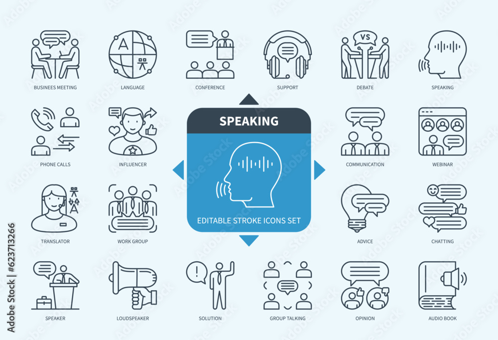 Editable line Speaking outline icon set. Business Meeting, Communication, Language, Speaker, Influencer, Opinion, Loudspeaker, Conference. Editable stroke icons EPS Editable line Speaking outline icon set. Business Meeting, Communication, Language, Speaker, Influencer, Opinion, Loudspeaker, Conference. Editable stroke icons EPS