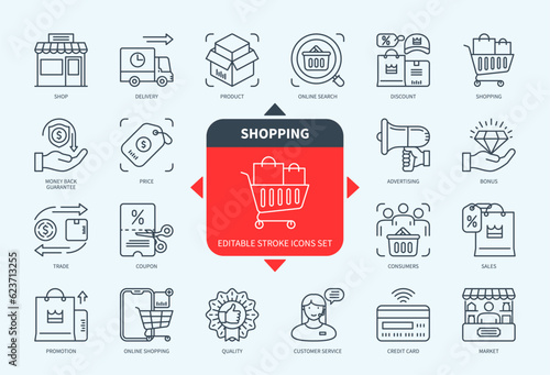 Editable line Shopping outline icon set. Marketing, Coupon, Delivery, Customer Service, Quality, Product, Discount, Sales. Editable stroke icons EPS