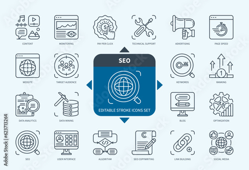 Editable line SEO outline icon set. Data Mining, Website, Schedule, Ranking, Optimization, Social Media, Keywords, Monitoring, Advertising. Editable stroke icons EPS