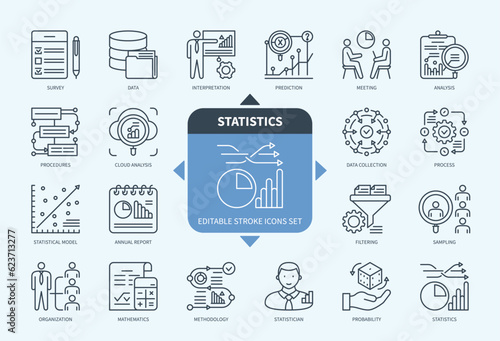 Editable line Statistics outline icon set. Data Collection, Schedule, Prediction, Process, Methodology, Interpretation, Probability, Analysis. Editable stroke icons EPS