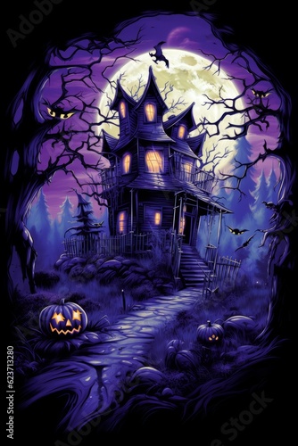 Tableau sur toile graphic t-shirt design style halloween haunted house