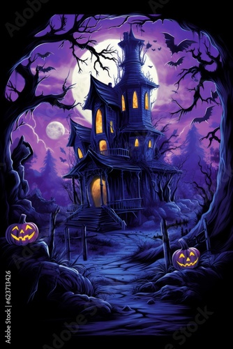 graphic t-shirt design style halloween haunted house. pumpkin heads. violet background.  photo