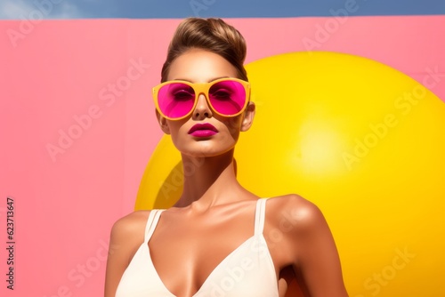 Playful Posing in Trendy Outfit, Girl in Pink, Outdoors with Beach Ball, Photorealistic Pastiche on Yellow Matte, Fashionable Costumes, Generative AI