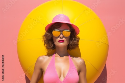 Playful Posing in Trendy Outfit, Girl in Pink, Outdoors with Beach Ball, Photorealistic Pastiche on Yellow Matte, Fashionable Costumes, Generative AI