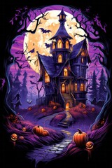 graphic t-shirt design style halloween haunted house. pumpkin heads. violet background. 