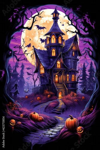 graphic t-shirt design style halloween haunted house. pumpkin heads. violet background. 