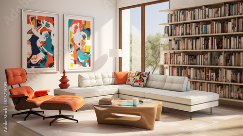 Stylish Living Room Interior with a Frame Poster Mockup, Modern Interior Design, 3D Render, 3D Illustration