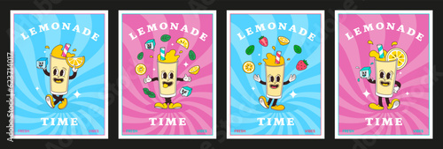 Set of comic cartoon characters of lemonades on striped sunburst background. Hand drawing of funny mascot cocktails in retro style. Template vector illustration for for posters, covers and prints