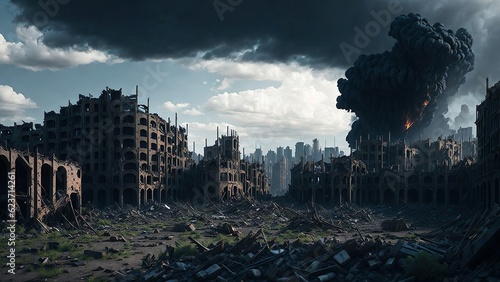 panomara picture of a city destroyed by war. Generative Ai.
