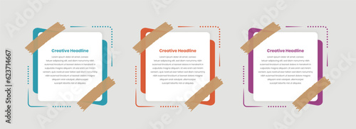 Three steps business text presentation infographic template with attached tape and abstract shape