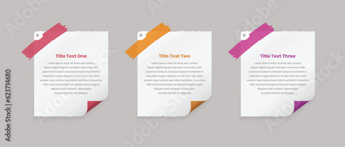Sticky note styled infographic text presentation cards with page curl effect shape attached with tape