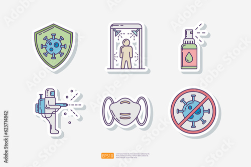 Virus protection, disinfection tunnel and worker, antiseptic spray bottle, medical face mask, forbidden sign with virus particle symbol. Clean and disinfect sticker set icon. Vector illustration