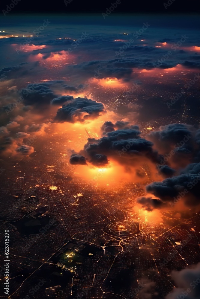 Aerial View of City at Night with Clouds AI Generated