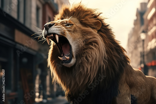 Roaring lion attack on city street, close-up of rabid dangerous animal, aggressive angry predator photo