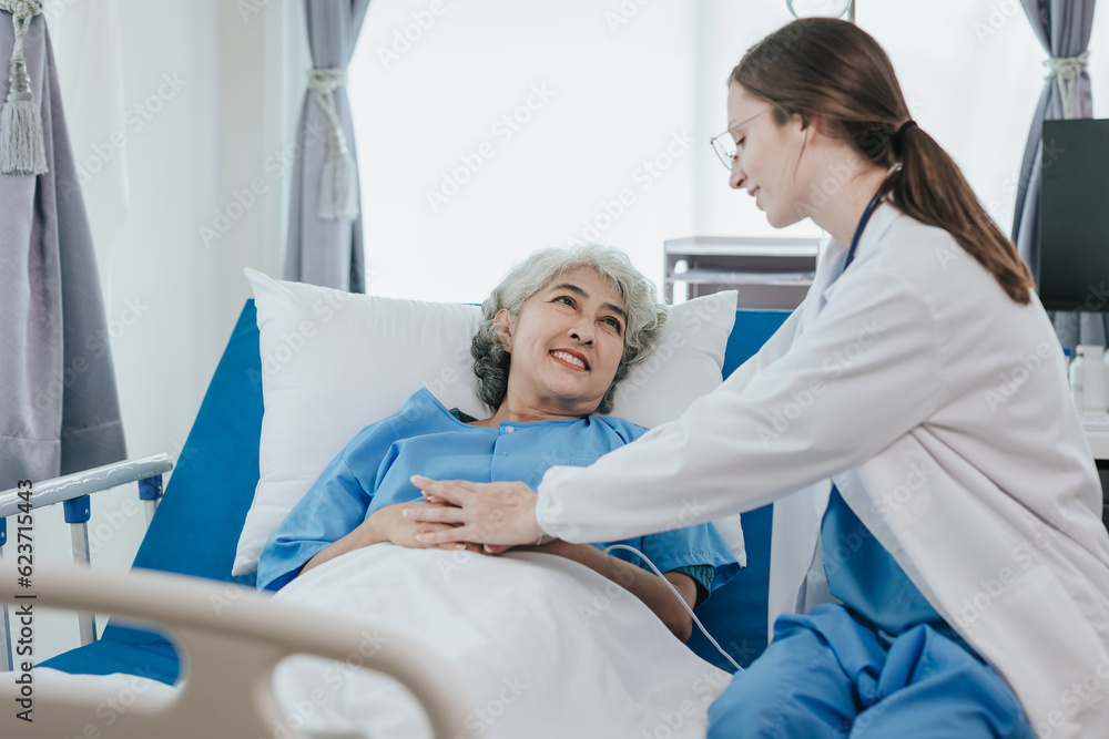 Obraz premium Friendly professional female doctor meeting an elderly patient on a hospital bed the concept of caring for the elderly.