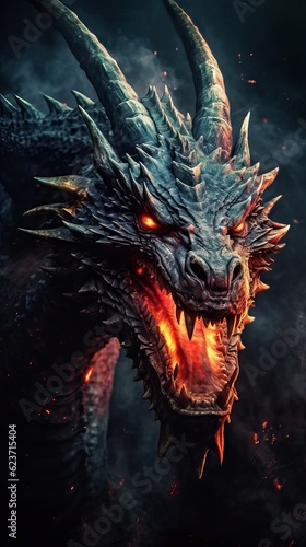 Close-Up Head of a Mystical Epic Medieval-Inspired Dragon Poster with Vibrant Colors on a Dark Background AI Generated