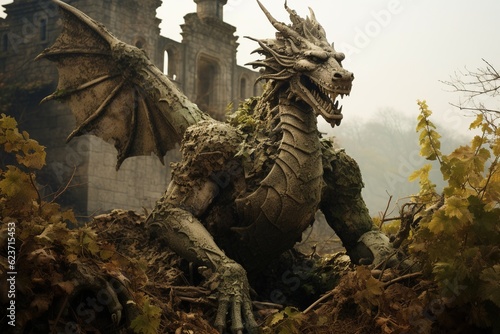 Stone dragon statue guarding a forgotten castle engulfed in vines