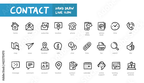 Contact us hand writting line web icon set. Outline icons collection. Simple vector illustration. Contact, email, phone.
