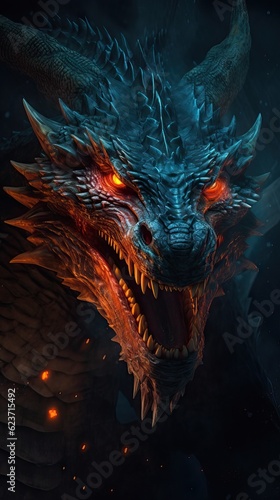 Close-Up Head of Mystical Epic Medieval-Inspired Poster with Vibrant Colors on a Dark Background and Fire AI Generated