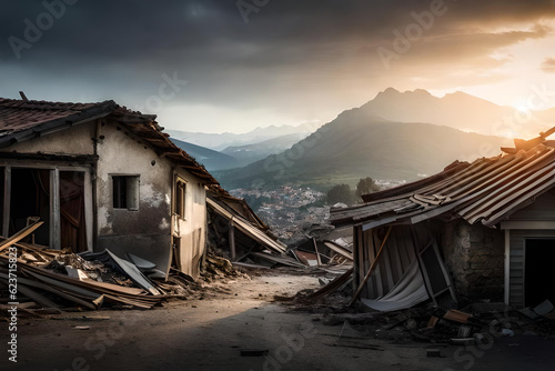 Search and Rescue Through Building Rubble after a Disaster. Slowly sun shine over the horizon with mountain background with dark cloud © Agry